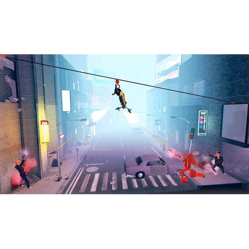 The image depicts a video game scene with a man on a wire, possibly a game character, surrounded by a cityscape. There are several cars and traffic lights in the scene, indicating a busy urban environment. The man on the wire appears to be in the middle of an action-packed moment, possibly fighting or performing a stunt. The image captures the excitement and adventure of the video game, showcasing the player's skills and abilities in navigating the virtual world.