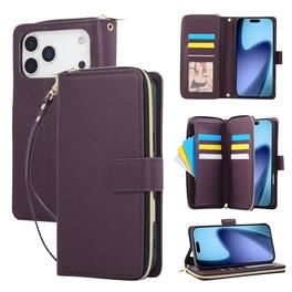 Dteck - Crossbody Wallet Case for Apple iPhone 17 Pro, Shockproof Zipper Pocket PU Leather Folio Cover with 9 Card Slots - Darkpurple