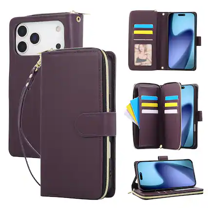 Front. Dteck - Crossbody Wallet Case for Apple iPhone 17 Pro, Shockproof Zipper Pocket PU Leather Folio Cover with 9 Card Slots - Darkpurple.