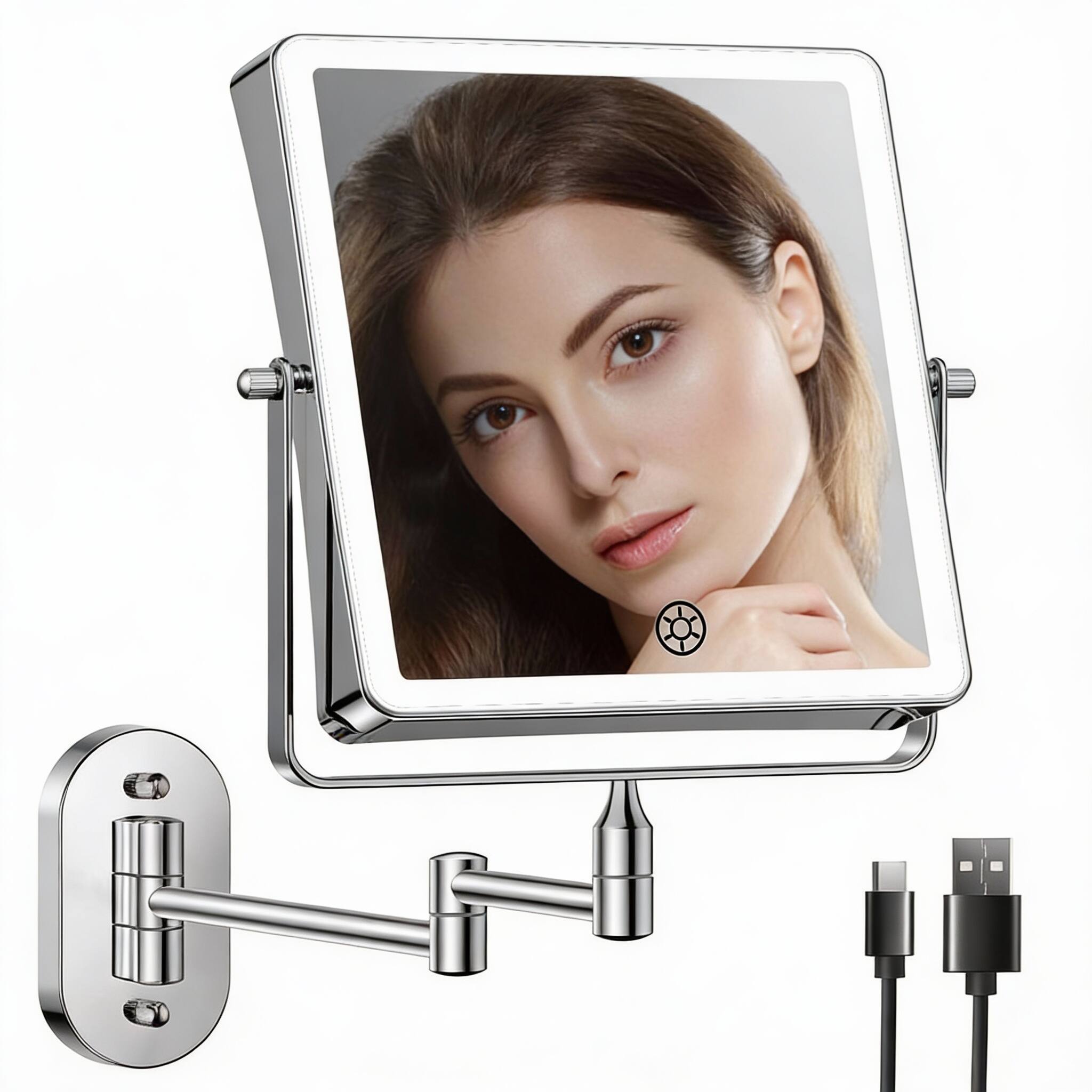 Alt View 2. OMOMMD - Rechargeable Wall Mounted Makeup Mirror Double Sided Touch Rectangle Magnifying Color Setting Extended Arm - 20x Chrome 5000mah.