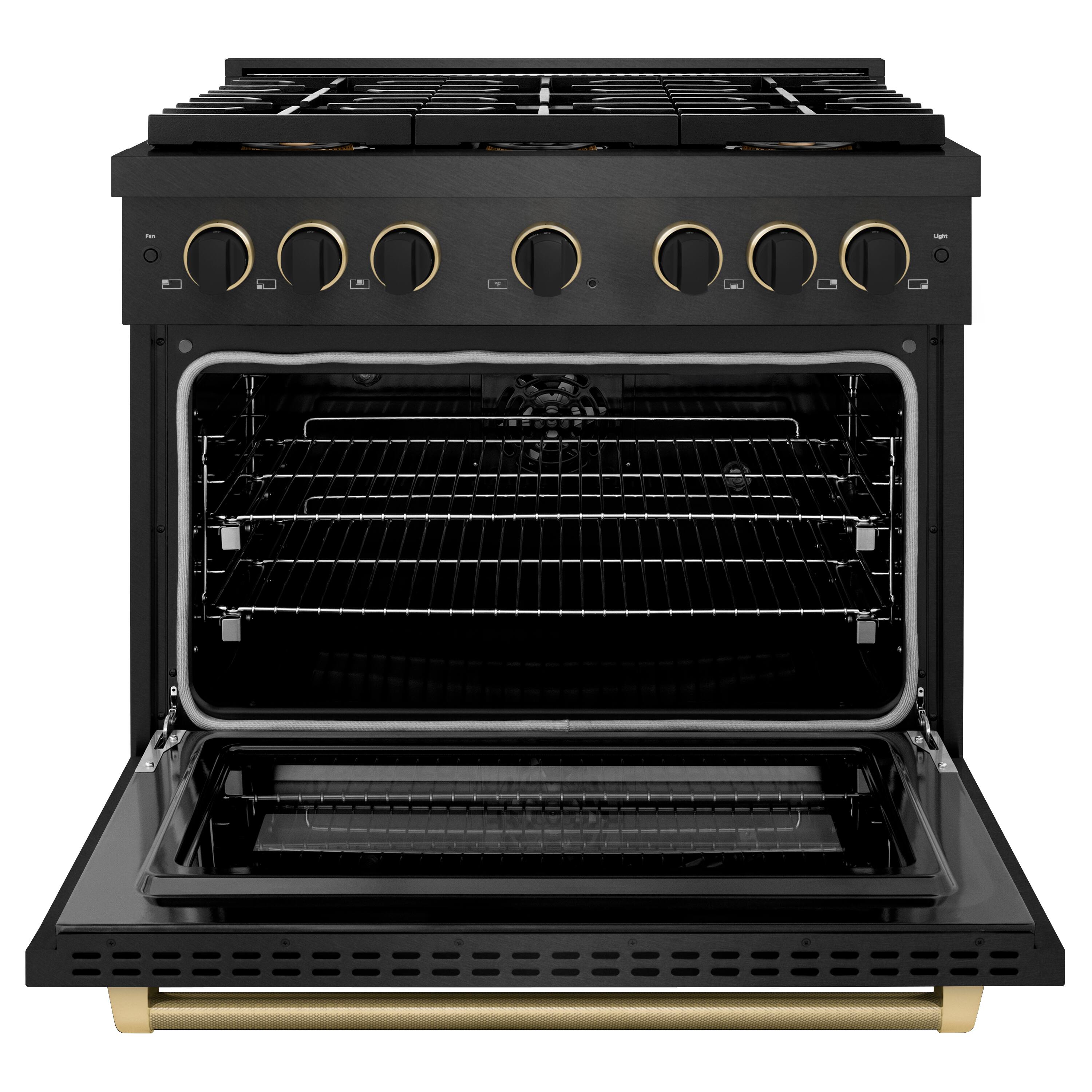 Angle. ZLINE - 36 in. Wide 6 Burner Designer 5.2 cu. ft. Freestanding DuoPro Dual Fuel Range with with Black and Bronze Accents+M9 - Black Satin Stainless Steel.