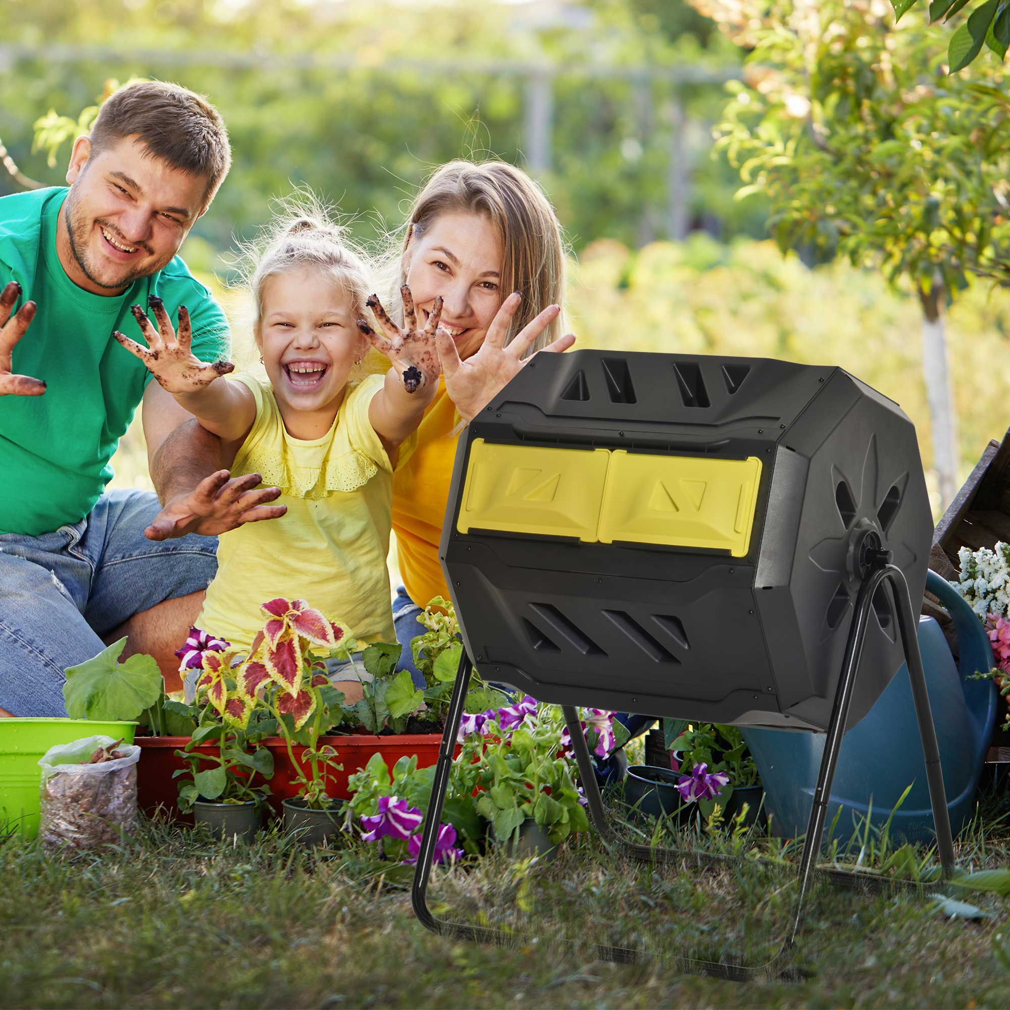 Alt View 1. Outsunny - Tumbling Compost Bin Outdoor 360° Dual Chamber Rotating Composter 43 Gallon - Yellow.