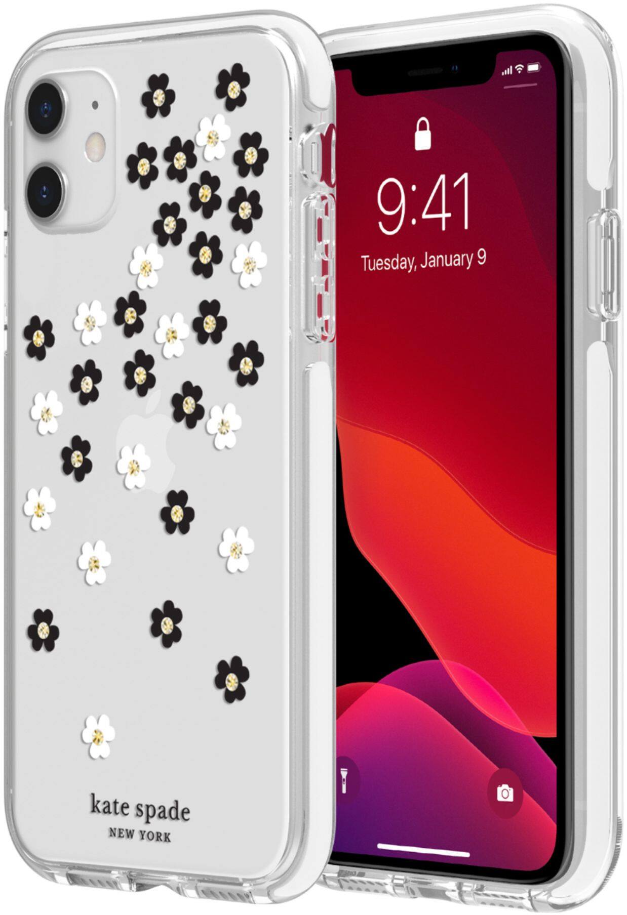 Alt View 12. kate spade new york - Defensive Hardshell Case for Apple® iPhone® 11 - White/Clear/Scattered Flowers Black/Gold Gems.