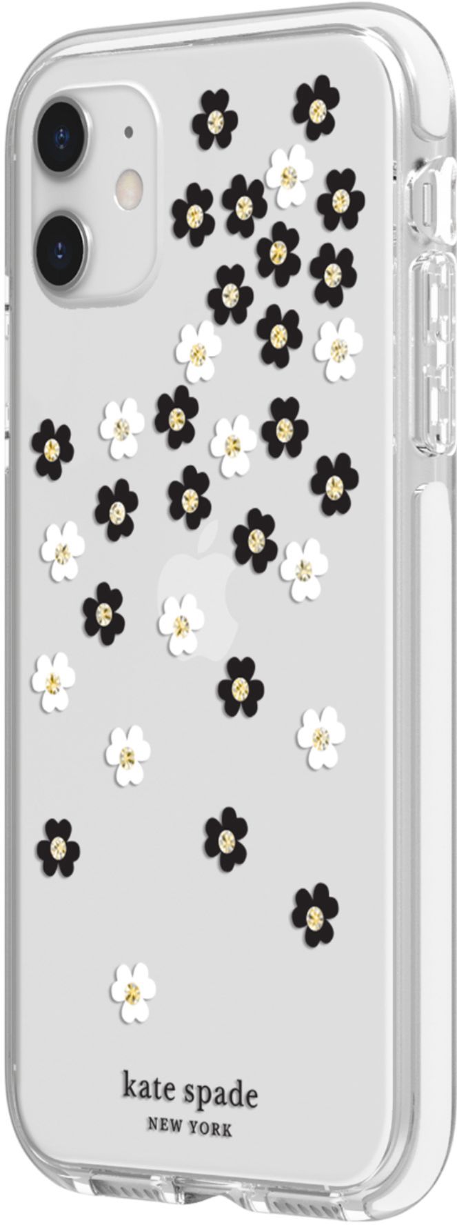 Left View: kate spade new york - Defensive Hardshell Case for Apple® iPhone® 11 - White/Clear/Scattered Flowers Black/Gold Gems