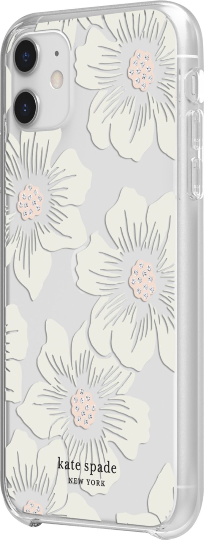 Left View: kate spade new york - Protective Hard Shell Case for Apple® iPhone® 11 - Cream With Stones/Hollyhock Floral Clear