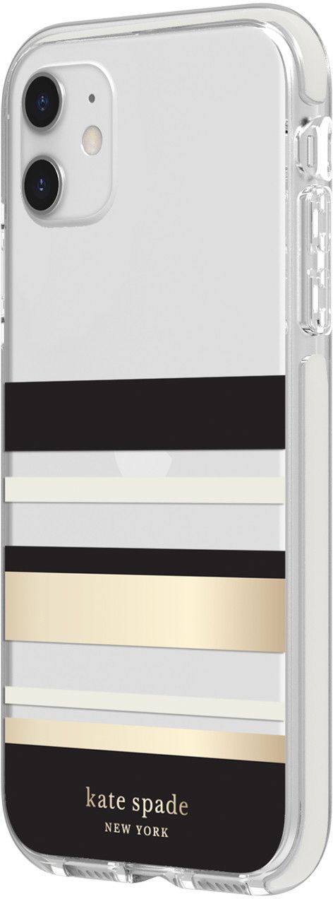 Left View: kate spade new york - Defensive Hardshell Case for Apple® iPhone® 11 - Black/Clear/Cream/Park Stripe Gold Foil