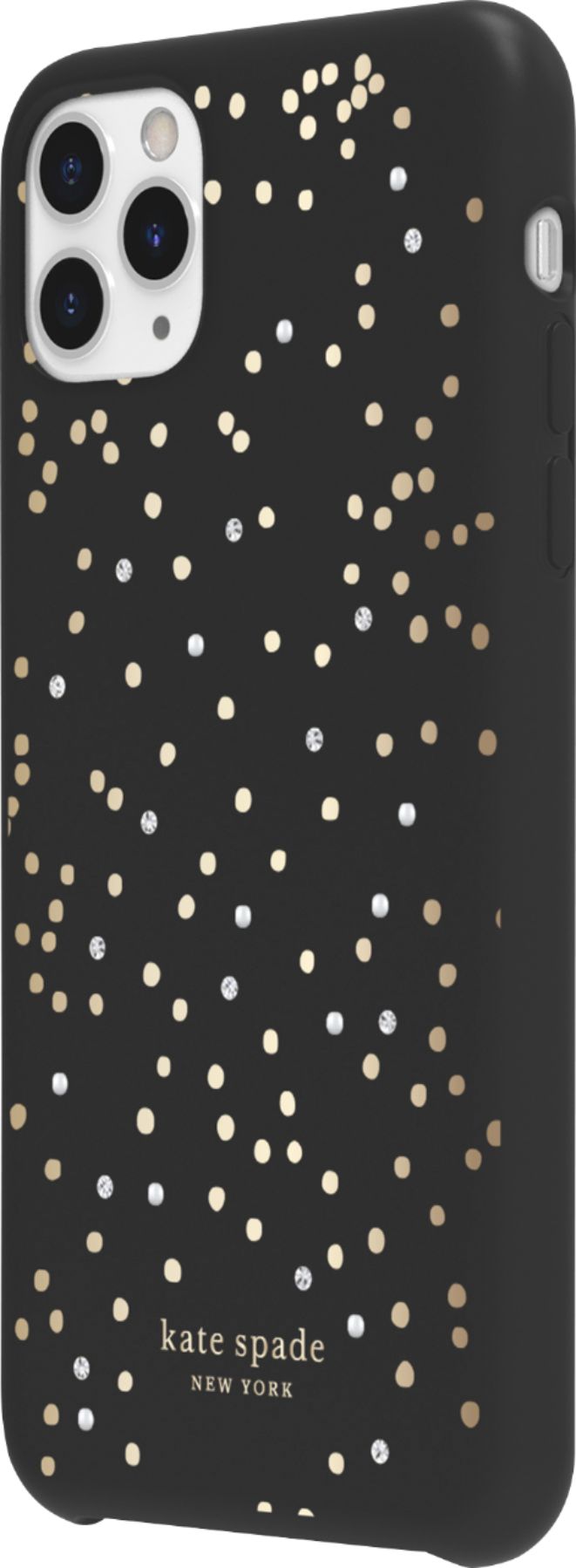 Left View: kate spade new york - Protective Hard Shell Case for Apple® iPhone® 11 Pro Max - Gold/Crystal Gem/Pearl/Soft Touch Disco Dots Black