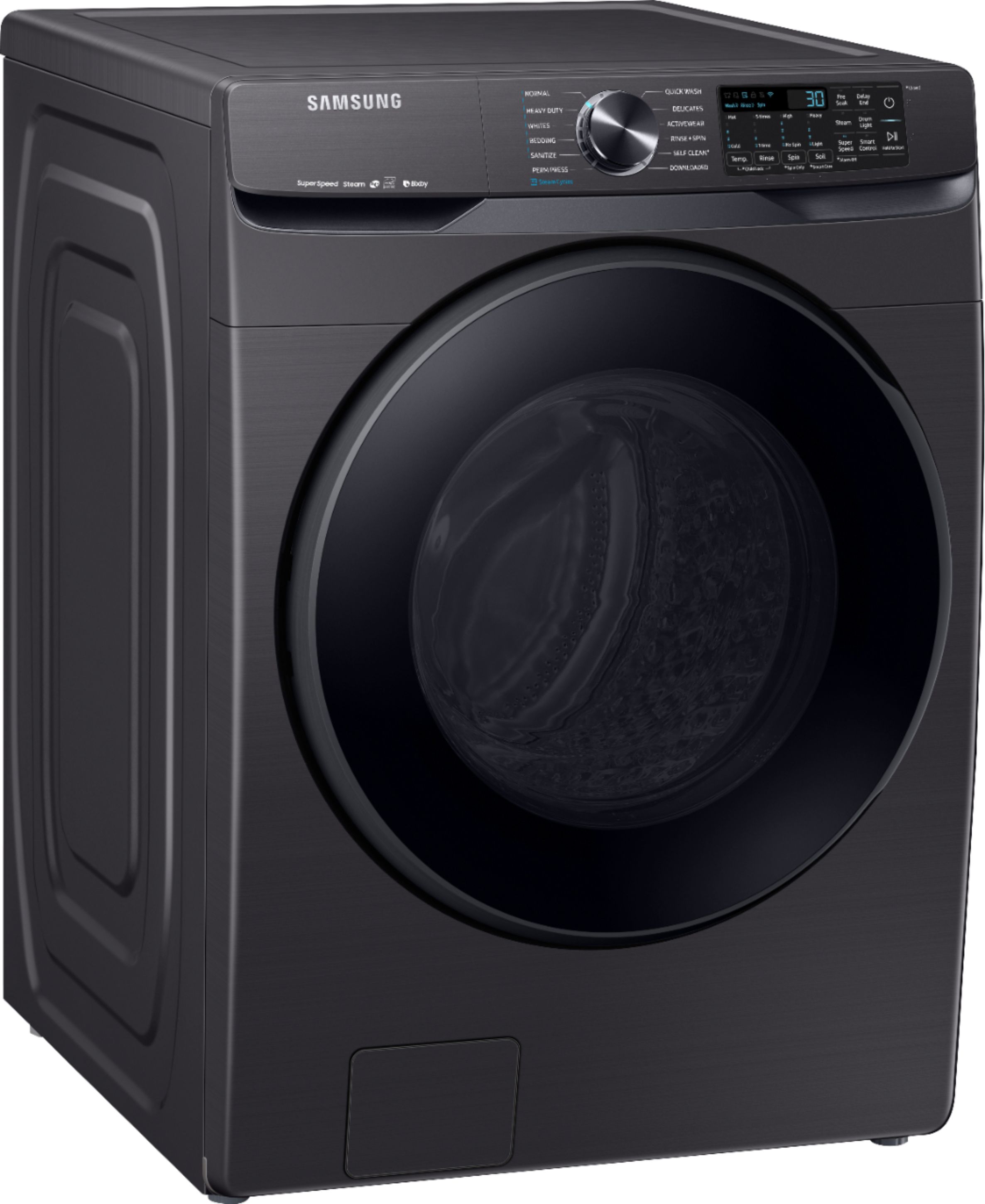Angle View: Samsung - 5.0 Cu. Ft. High Efficiency Stackable Smart Front Load Washer Steam and CleanGuard - Ivory