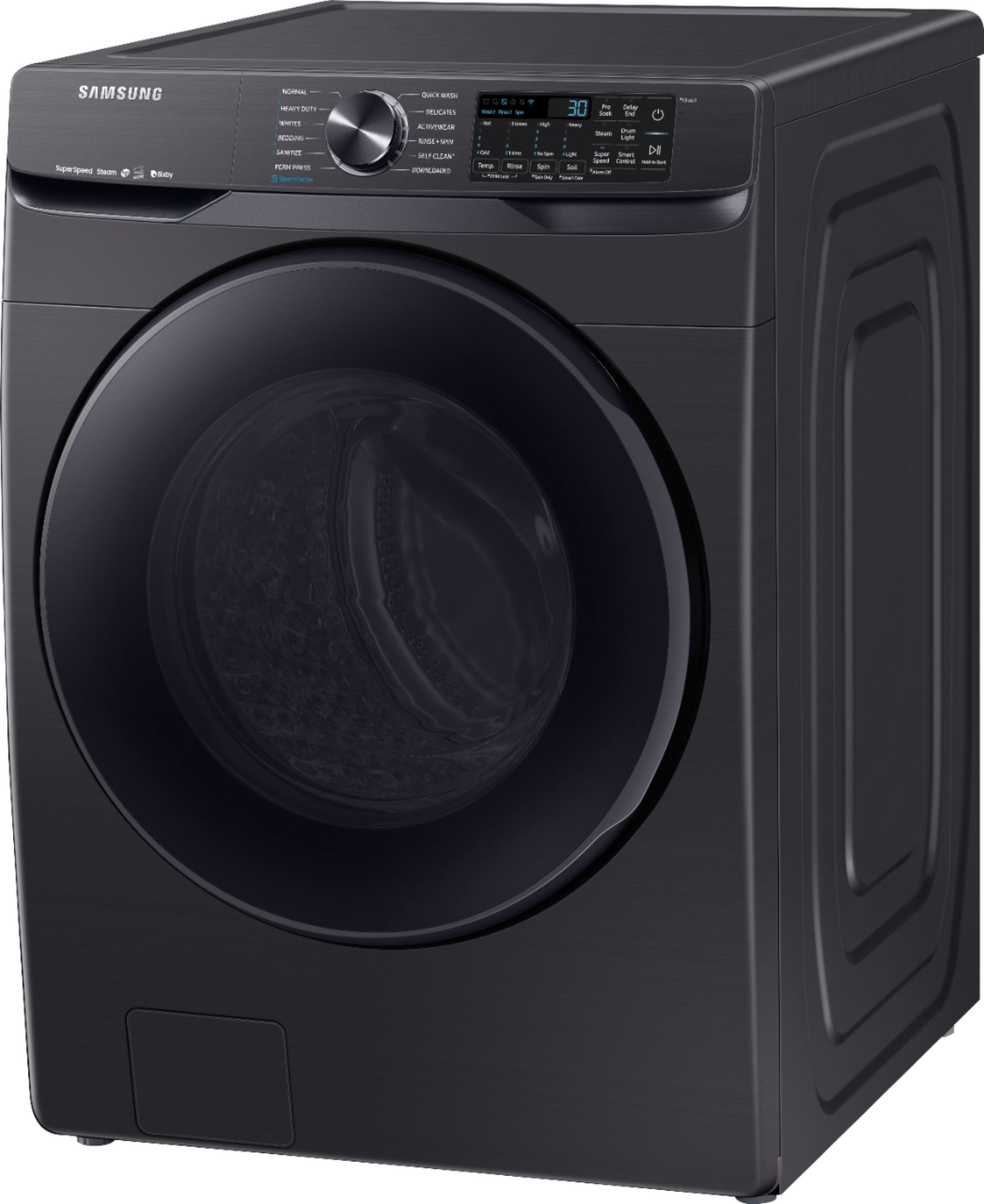Left View: Samsung - 5.0 Cu. Ft. High Efficiency Stackable Smart Front Load Washer Steam and CleanGuard - Ivory