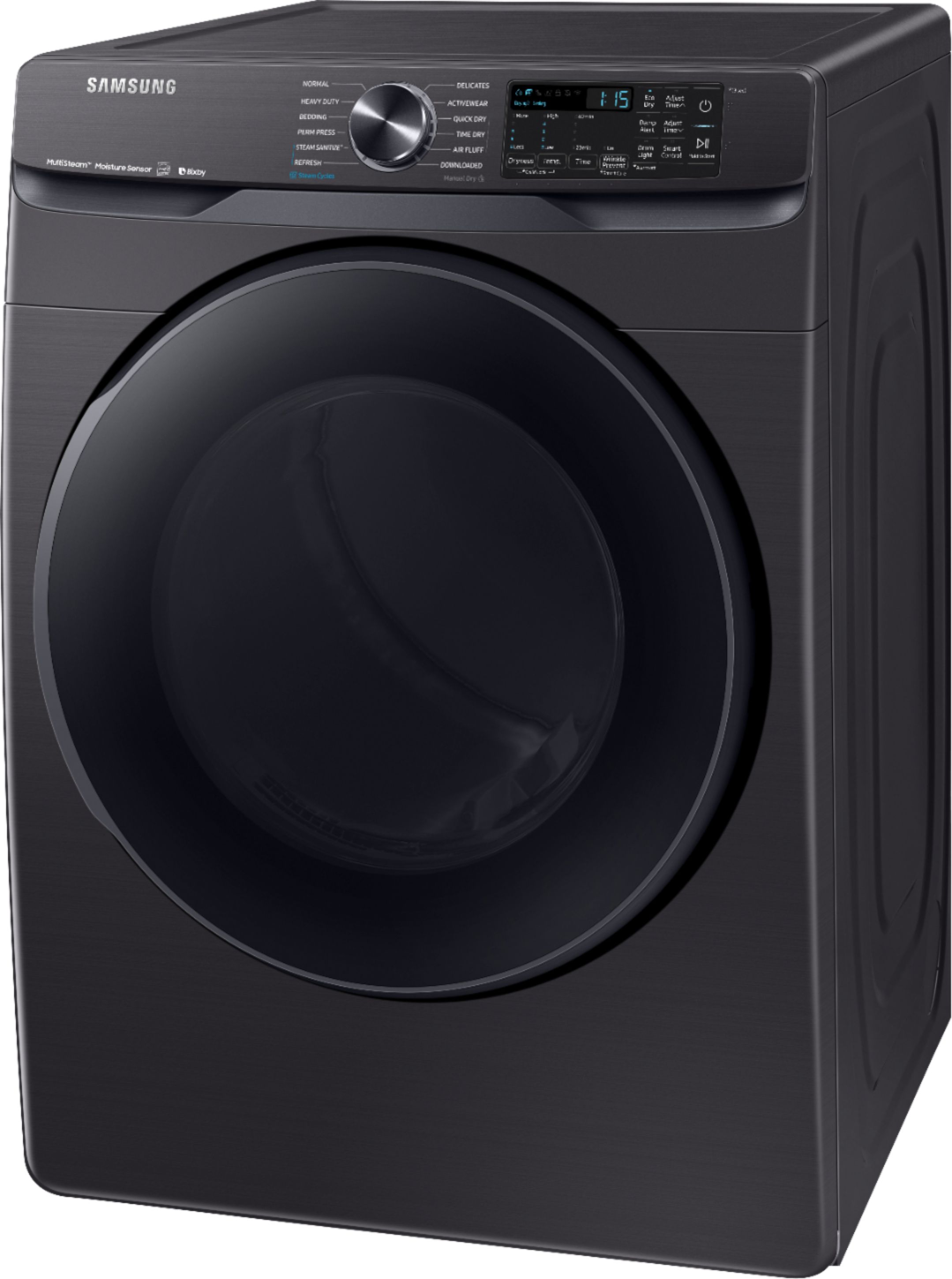 Left View: Samsung - 7.5 Cu. Ft. Stackable Smart Gas Dryer with Steam and Super Speed Dry - Brushed black