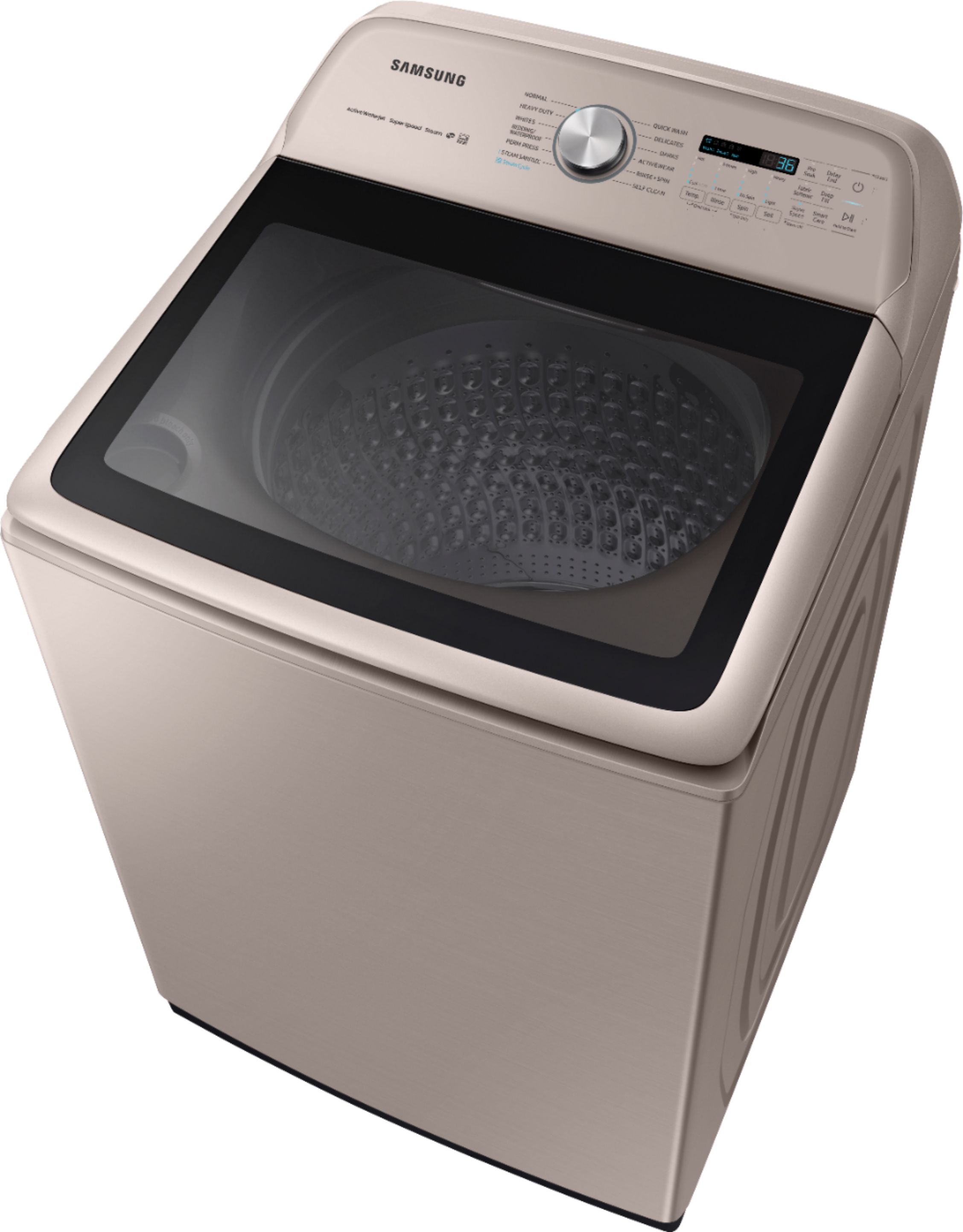 Left View: Samsung - 5.4 Cu. Ft. High Efficiency Top Load Washer with Steam - Champagne
