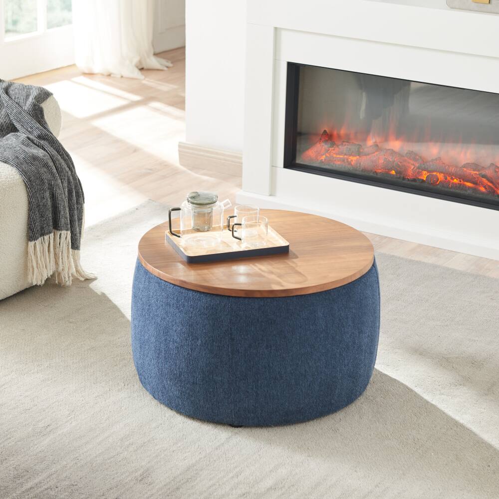 Front. PDTEND - Navy Round Storage Ottoman for Bedroom Living Room - Navy Blue.