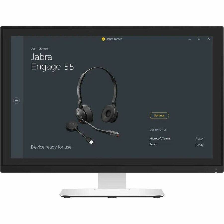 Jabra Direct  
USB 98%  
Jabra Engage 55  
Settings  
SOFTPHONES  
Microsoft Teams Ready  
Zoom Ready  
Device ready for use