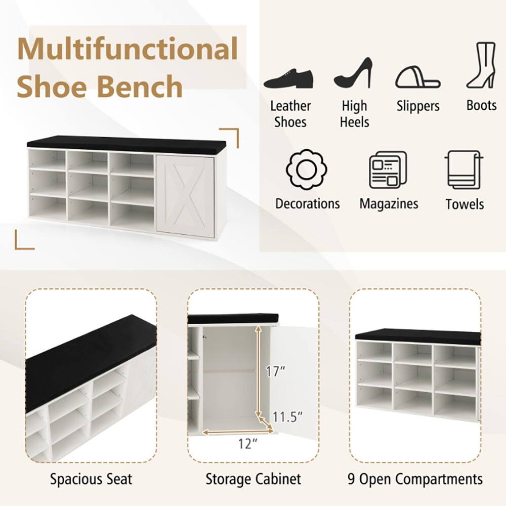 Multifunctional Shoe Bench

Leather Shoes
High Heels
Slippers
Boots
Decorations
Magazines
Towels

17" 11.5" 12" Spacious Seat Storage Cabinet 9 Open Compartments