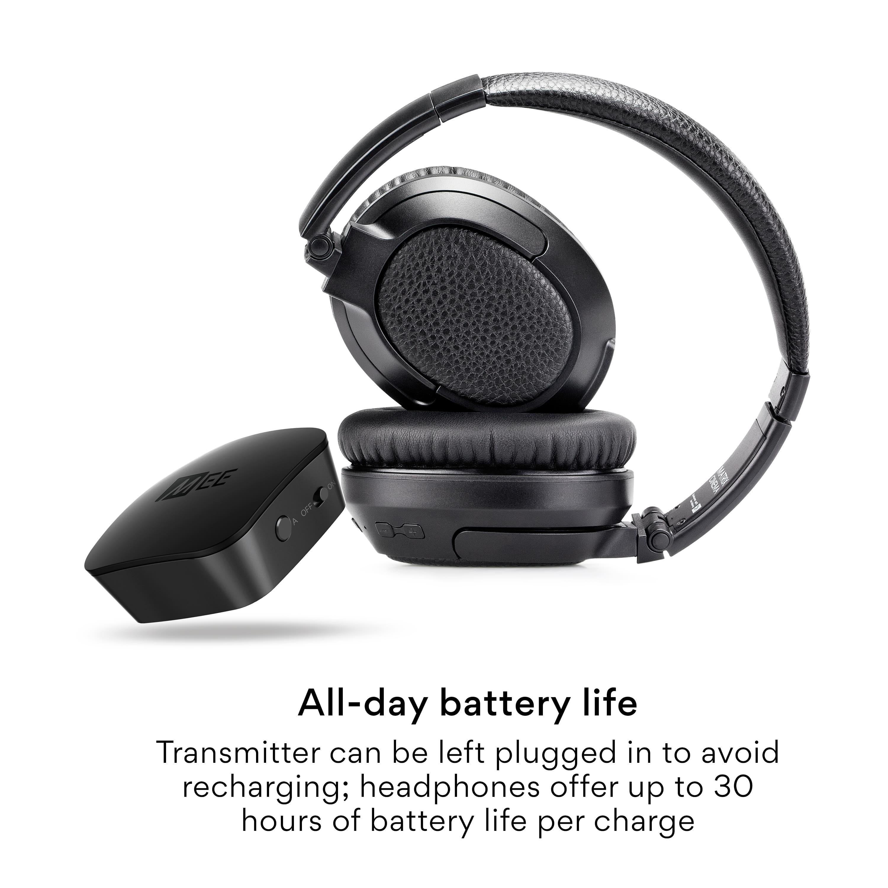 The image features a pair of headphones with a transmitter that can be left plugged in to avoid recharging. The headphones offer up to 30 hours of battery life per charge, making them ideal for all-day use.