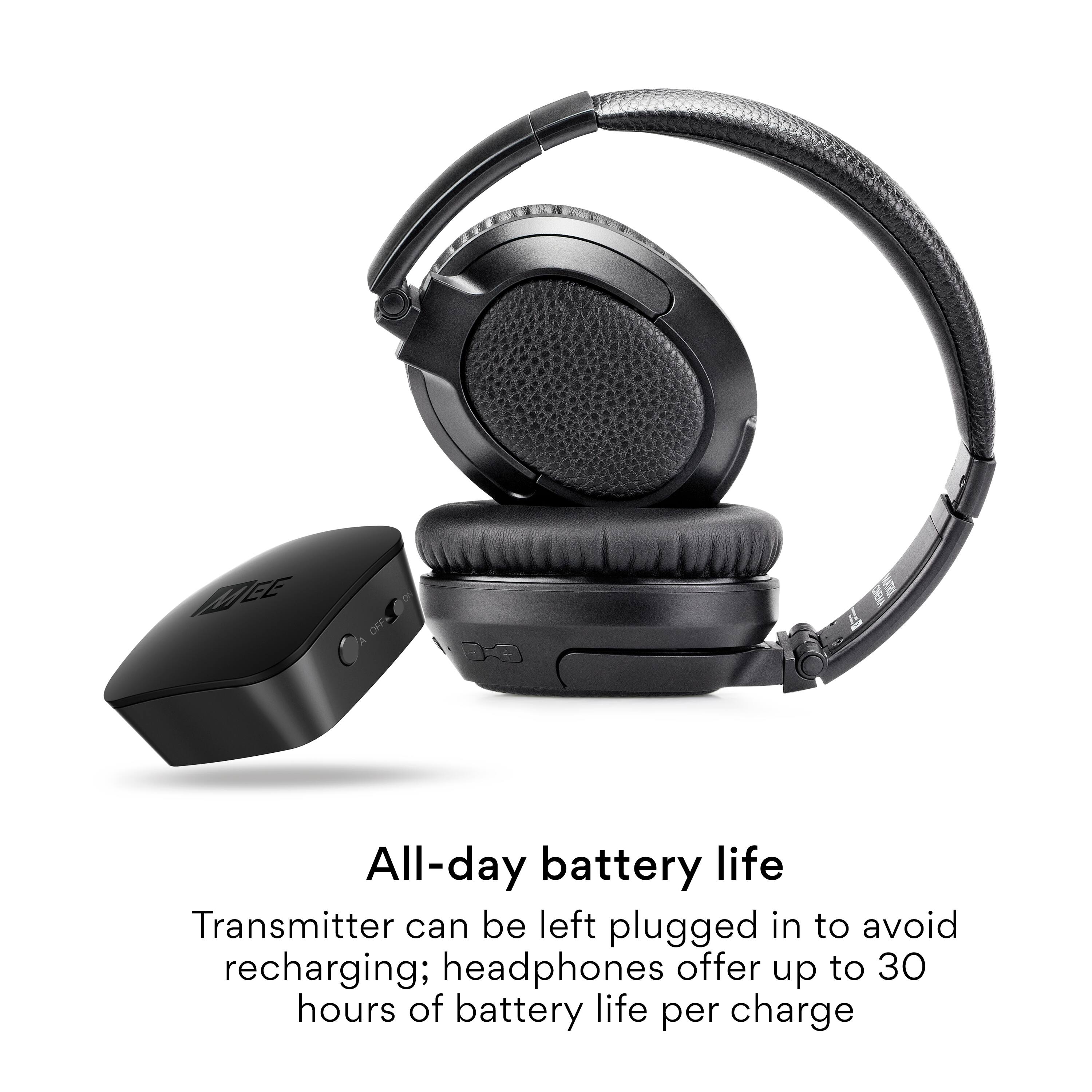 The image features a pair of headphones with a transmitter that can be left plugged in to avoid recharging. The headphones offer up to 30 hours of battery life per charge, making them ideal for all-day use.