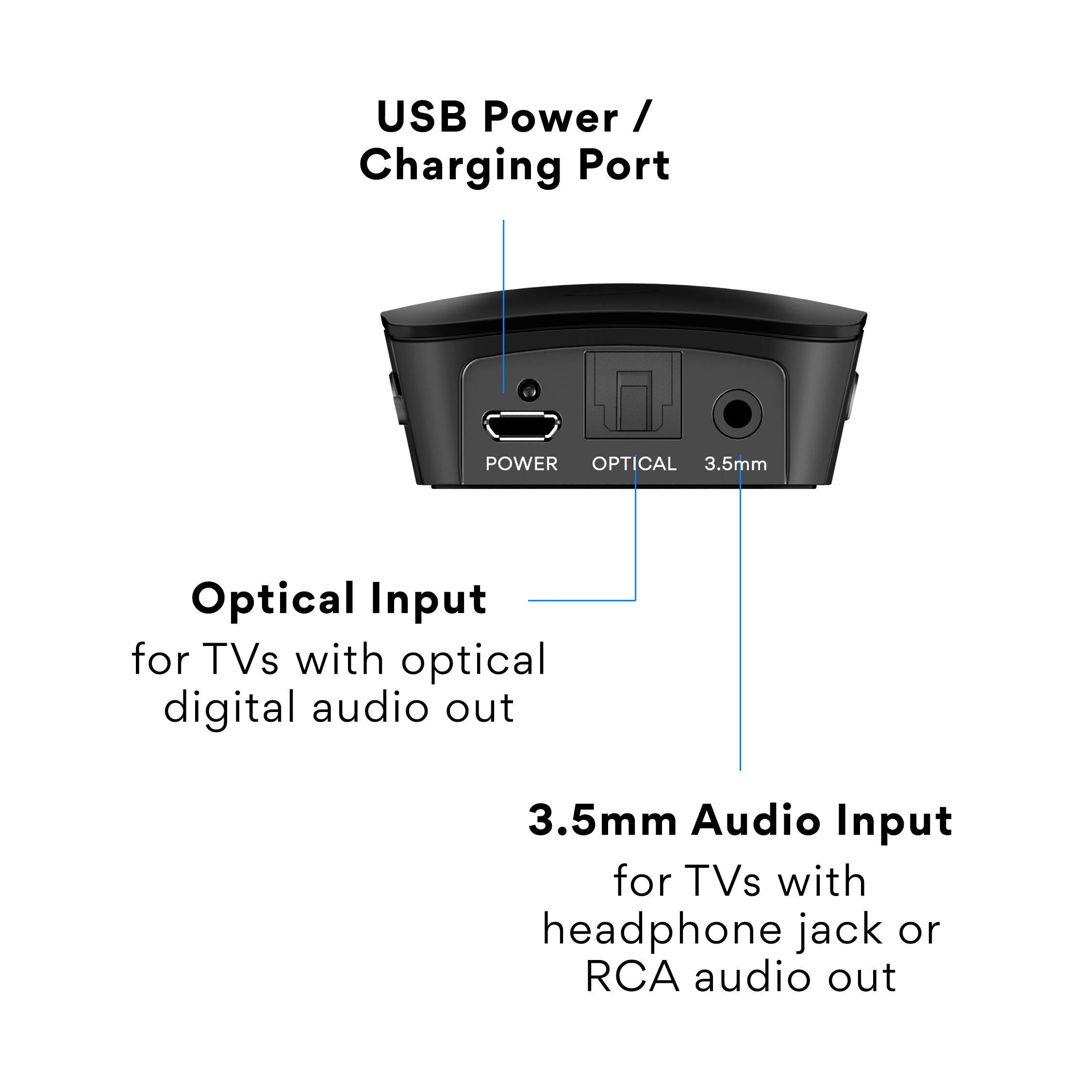 The image shows a device with various features and inputs. The device has a USB power/charging port, an optical input for TVs with optical digital audio out, and a 3.5mm audio input for TVs with headphone jack or RCA audio out.