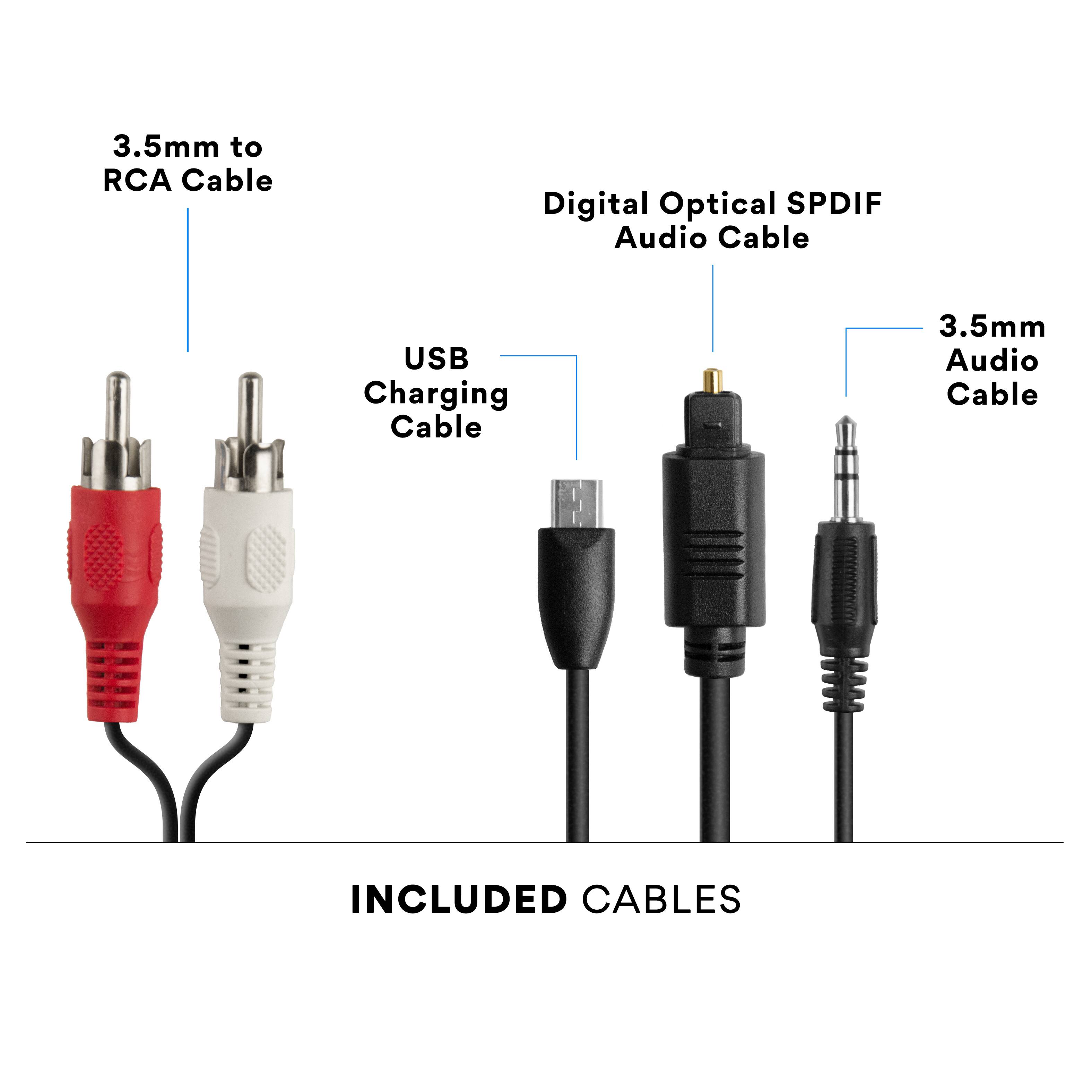 The text on the image reads: "3.5mm to RCA Cable Digital Optical SPDIF Audio Cable USB Charging Cable 3.5mm Audio Cable INCLUDED CABLES."
