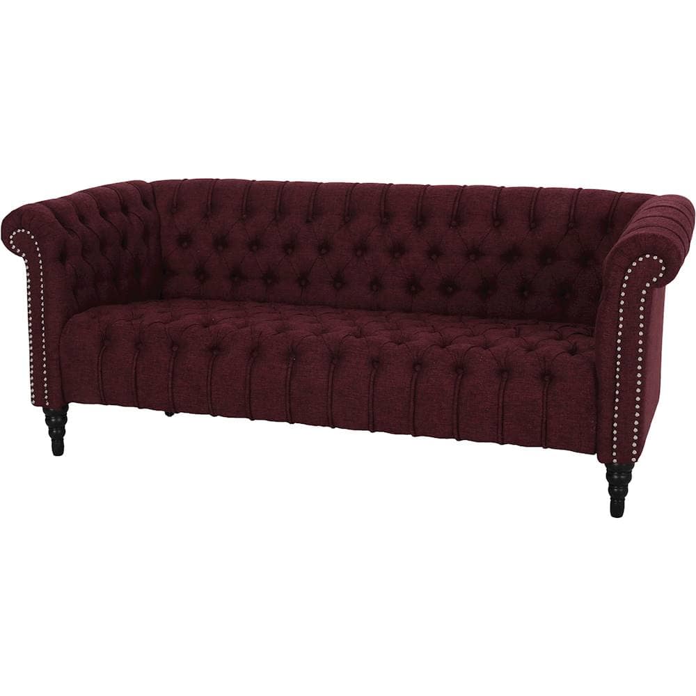 Left View: Noble House - Buford Chesterfield 3-Seat Fabric Sofa - Wine