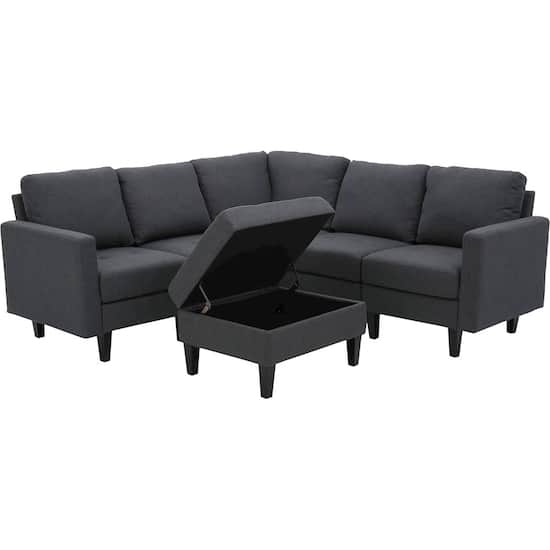 Noble House Gosport Fabric 6 Piece Sectional Sofa With Storage Ottoman Dark Gray