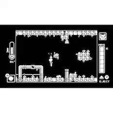 The image features a video game with a character in a dark environment, possibly a dungeon or a cave. The character is moving through the game, and there are several other characters in the scene. The game is displayed on a screen, and the character is positioned in the center of the image. The game seems to be a black and white, old-style video game, giving it a nostalgic feel.