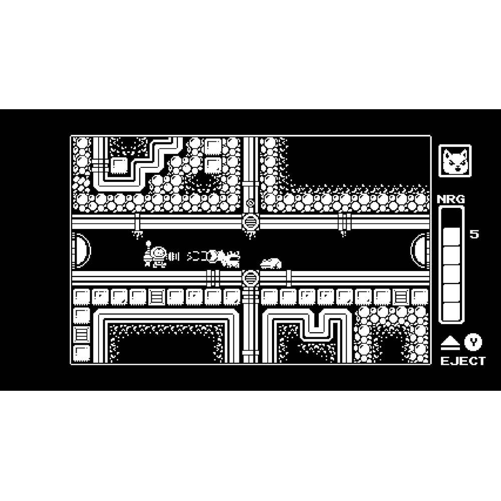 The image depicts a black and white video game, possibly a Nintendo game, featuring a character and a dog. The character is located in the middle of the scene, while the dog is positioned to the right. The game appears to be a platformer, with the character navigating through a maze-like environment. The game is displayed on a screen, and the character is moving along a path, possibly trying to reach a specific goal or avoid obstacles.