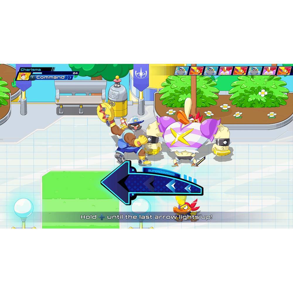 The image features a group of cartoon characters, including a dog, a cat, and a rabbit, standing together on a street. The largest text in the image reads "Hold until the last arrow lights up!". The scene appears to be a part of a video game, with the characters possibly waiting for a signal or an event to occur.