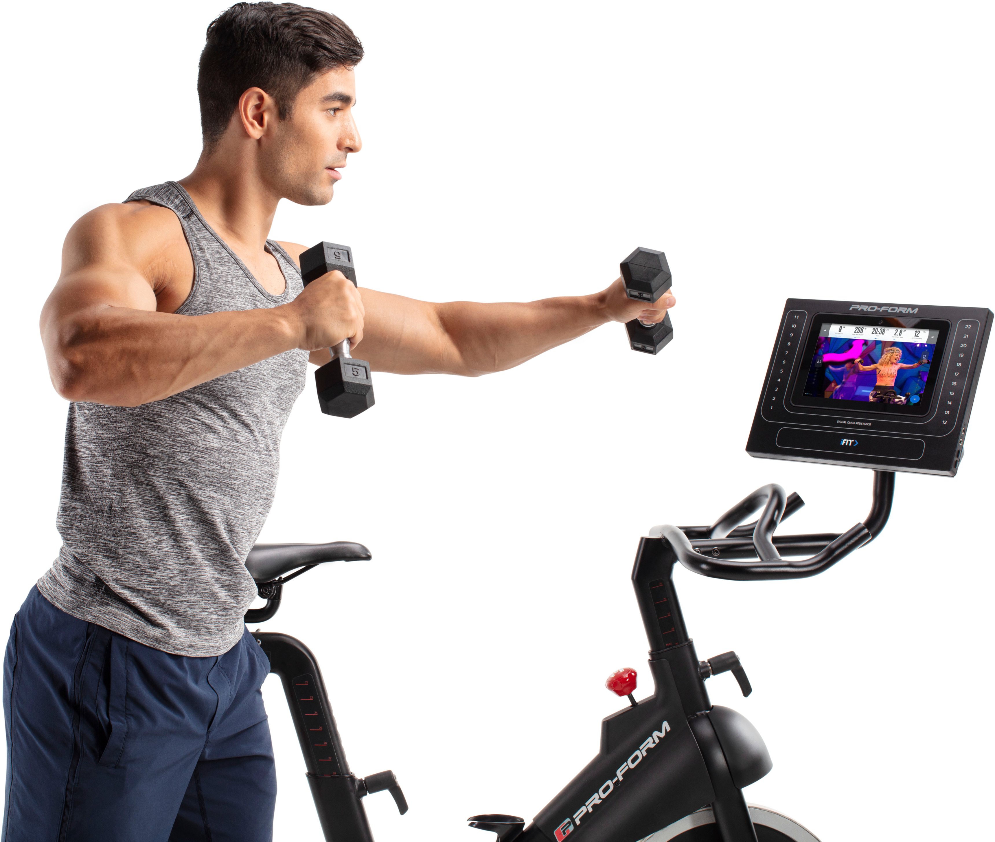 Left View: ProForm SMART Power 10.0 Exercise Bike with 10” HD Touchscreen and 30-Day iFIT Membership for Studio Classes & Global Workouts