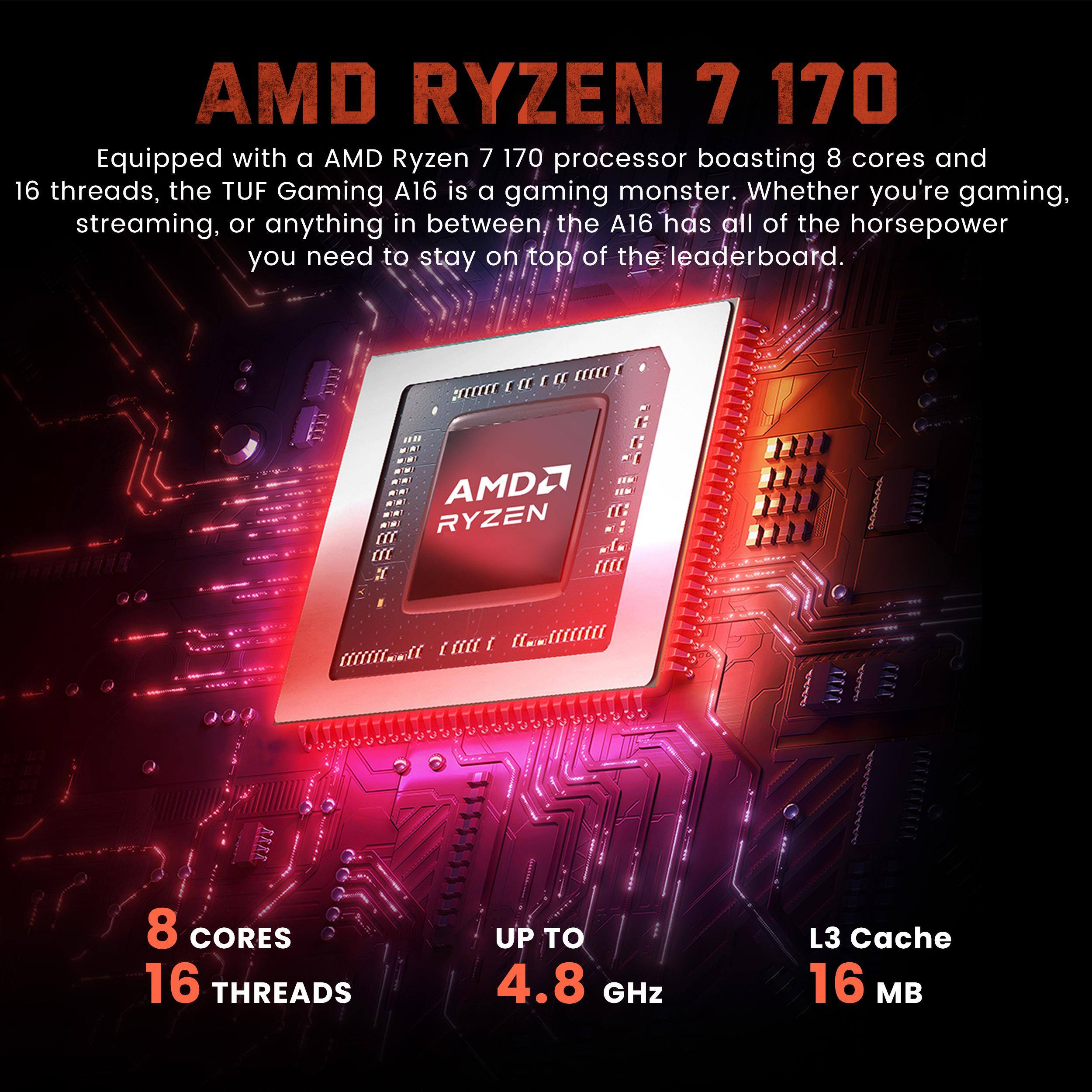 AMD RYZEN 7 170

Equipped with a AMD Ryzen 7 170 processor boasting 8 cores and 16 threads, the TUF Gaming A16 is a gaming monster. Whether you're gaming, streaming, or anything in between, the A16 has all of the horsepower you need to stay on top of the leaderboard.

8 CORES
16 THREADS
UP TO 4.8 GHz
L3 Cache 16 MB