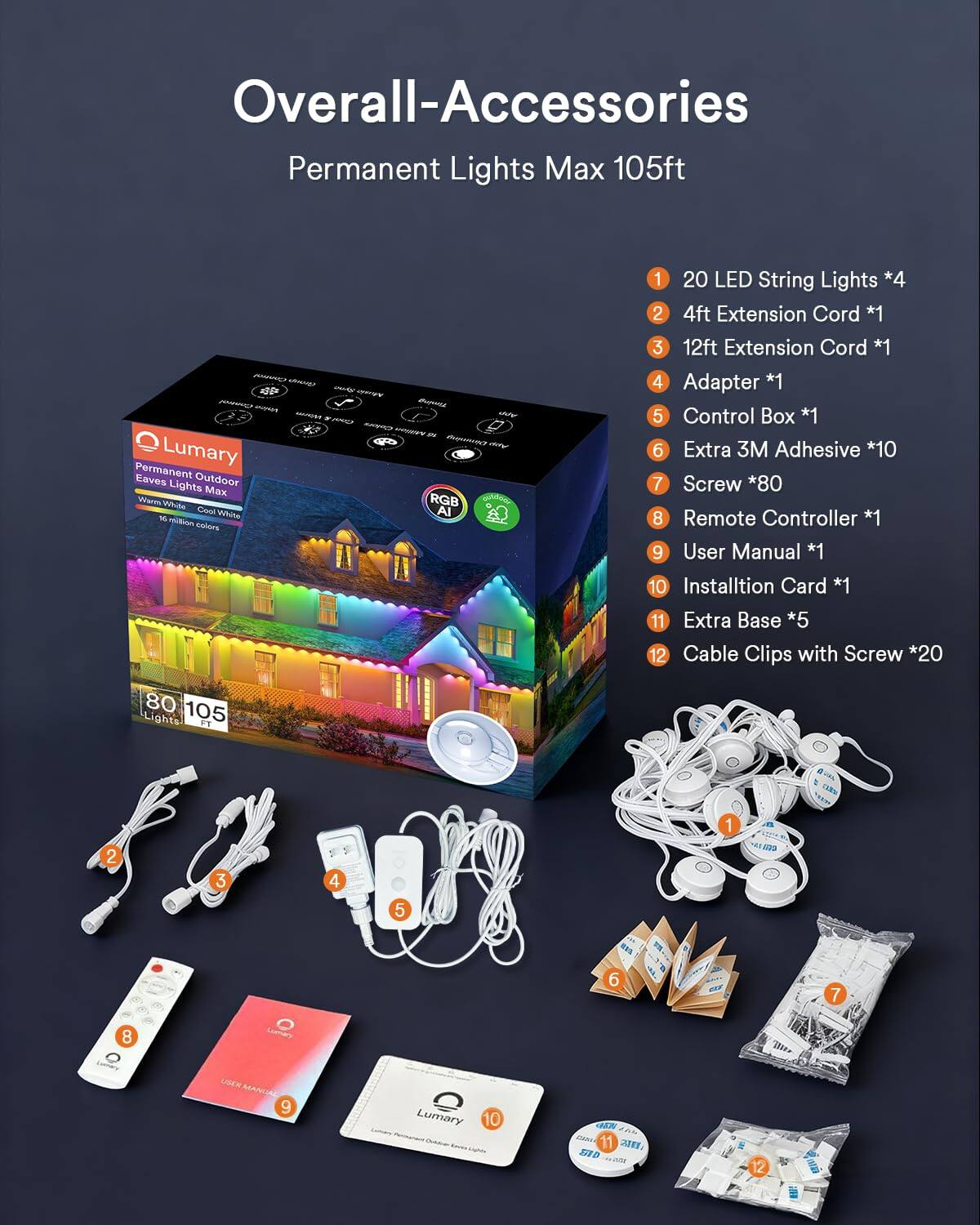 Overall-Accessories Permanent Lights Max 105ft

1. 20 LED String Lights *4
2. 4ft Extension Cord *1
3. 12ft Extension Cord *1
4. Adapter *1
5. Control Box *1
6. Extra 3M Adhesive *10
7. Screw *80
8. Remote Controller *1
9. User Manual *1
10. Installation Card *1
11. Extra Base *5
12. Cable Clips with Screw *20