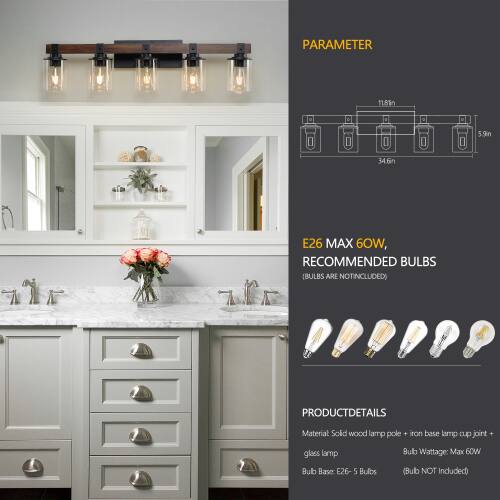 PARAMETER  
11.8in x 0 5.9in x 34.6in  
E26 MAX 60W, RECOMMENDED BULBS (BULBS ARE NOT INCLUDED)  

PRODUCT DETAILS  
Material: Solid wood lamp pole + iron base lamp cup joint glass lamp  
Bulb Base: E26 - 5 Bulbs  
Bulb Wattage: Max 60W (Bulbs NOT Included)