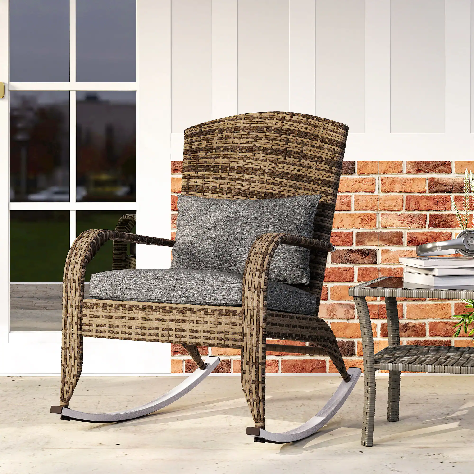 Alt View 1. Outsunny - Chair, Outdoor Wicker Rocking Chair with High Back, Seat Cushion, and Pillow for Porch - Gray.