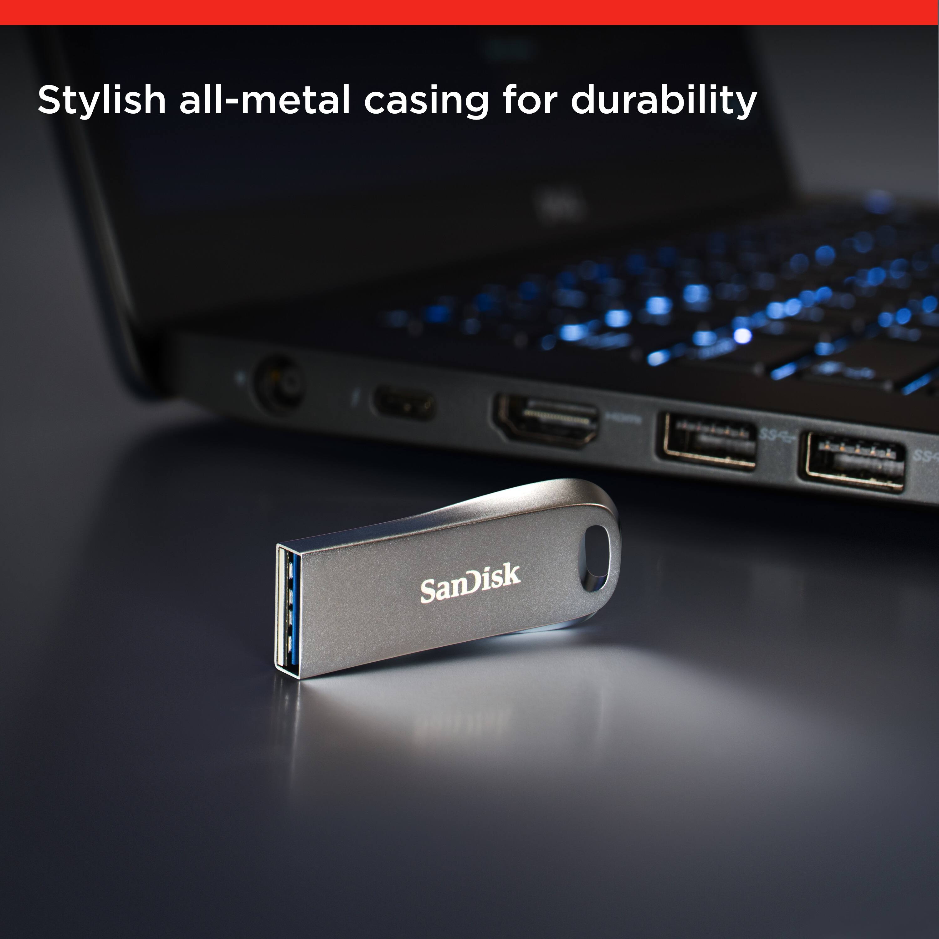 Stylish all-metal casing for durability 5S% SS4 SanDisk.