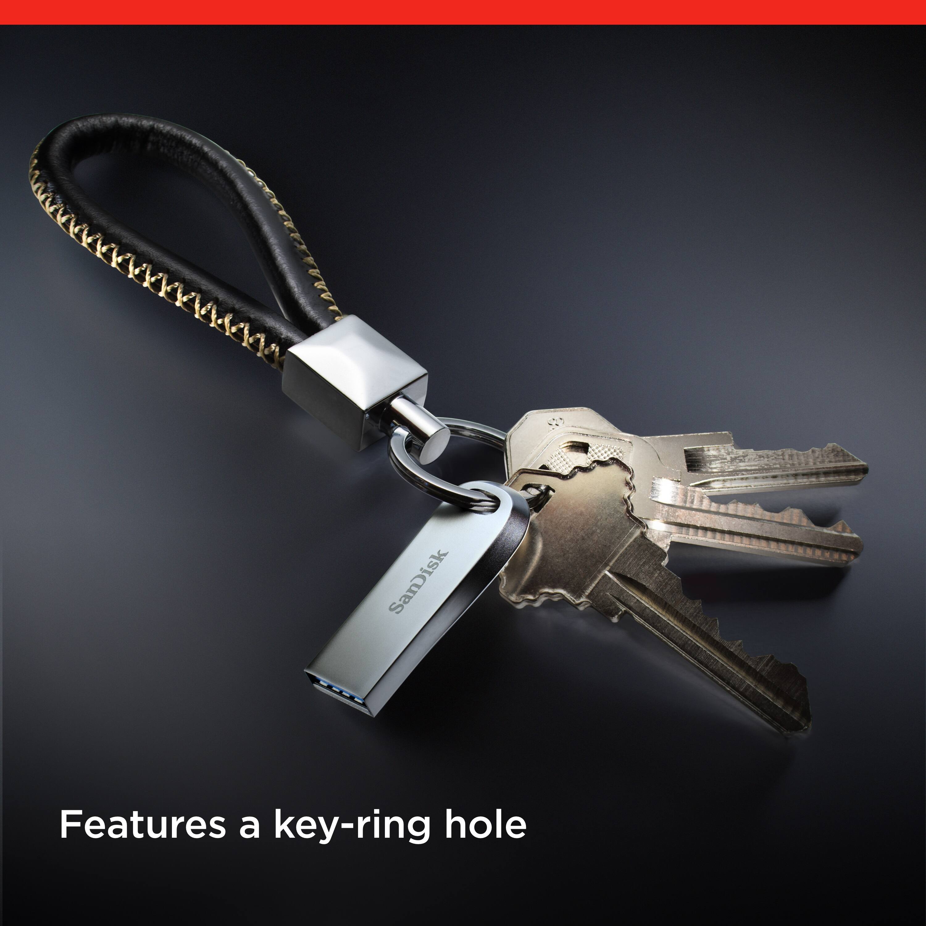 The image features a key-ring hole.