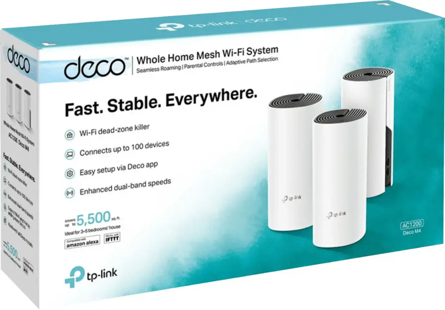 The text on the image reads:

"deco Whole Home Mesh Wi-Fi System. Fast. Stable. Everywhere. dead-zone killer Wi-Fi. Adaptive Roaming. Parental Controls. Seamless. Ideal for 3-5 bedrooms. Compatible with Alexa, IFTTT, Amazon Echo. Enhanced 6 Antenna. 5,500 sq. ft. covers up to 3-5 bedrooms. Easy setup via Deco app. Dual-band speeds (2.4GHz and 5GHz). 80 ft. range. Connects up to 100 devices. TP-Link AC1200 AC Deco M4."