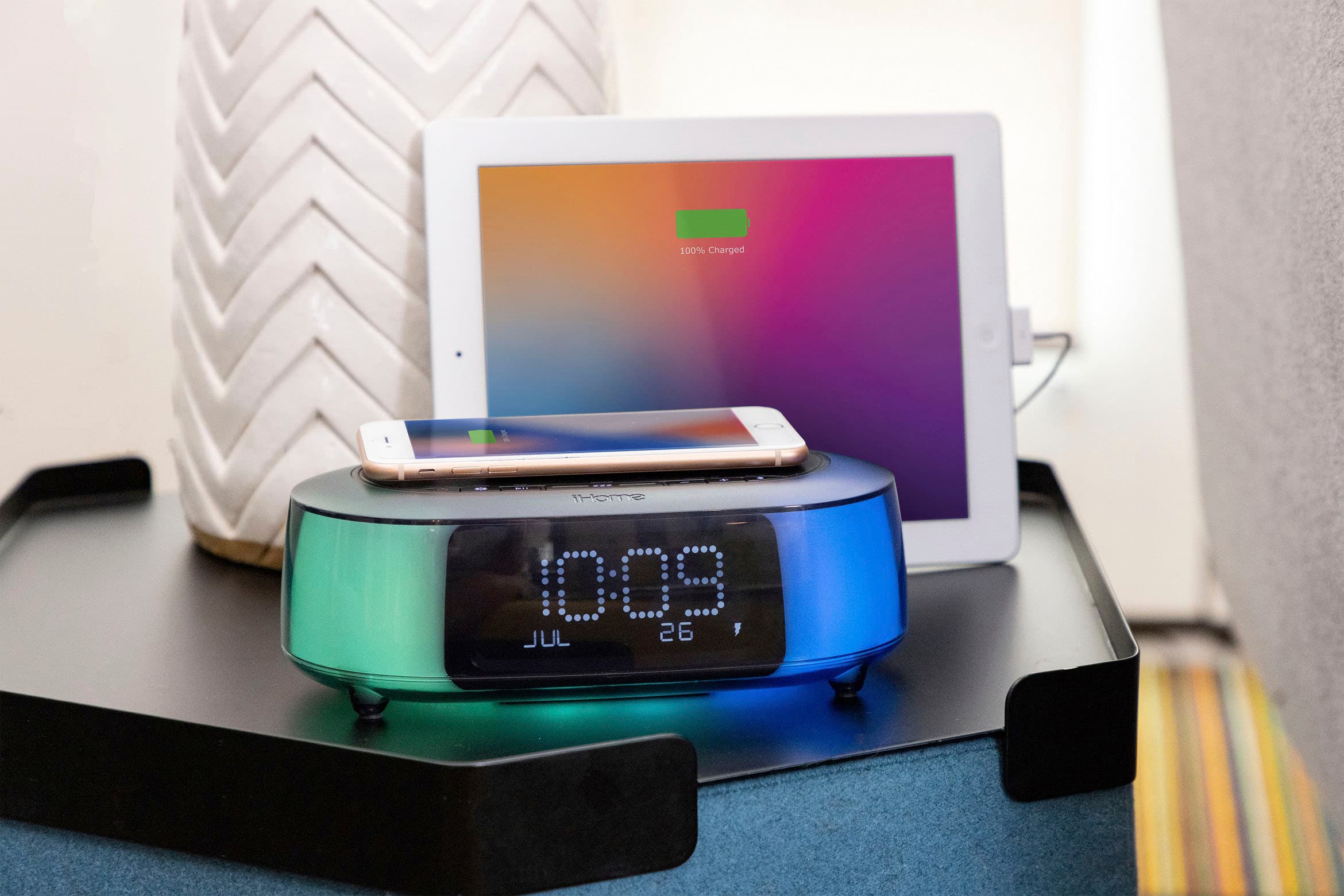 Alt View 21. iHome - TimeBoost Glow - Color Changing Bluetooth Alarm Clock Speaker System with Qi Wireless Fast Charging and USB Charging - Black.