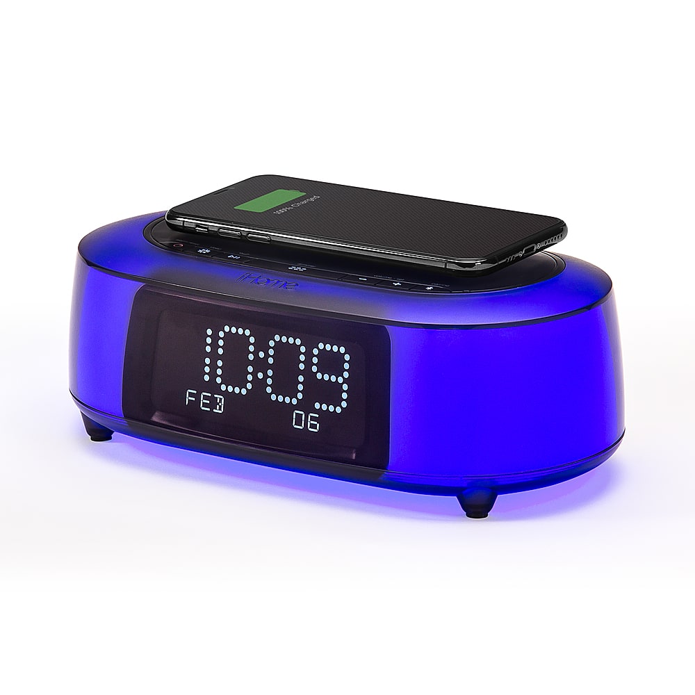 Left. iHome - TimeBoost Glow - Color Changing Bluetooth Alarm Clock Speaker System with Qi Wireless Fast Charging and USB Charging - Black.