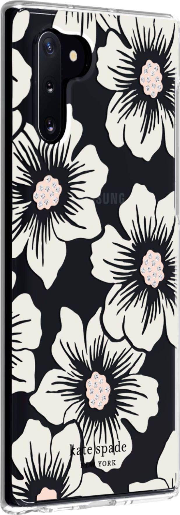 Angle. kate spade new york - Hard Shell Case for Samsung Galaxy Note10 - Hollyhock Floral Clear/Cream With Stones.
