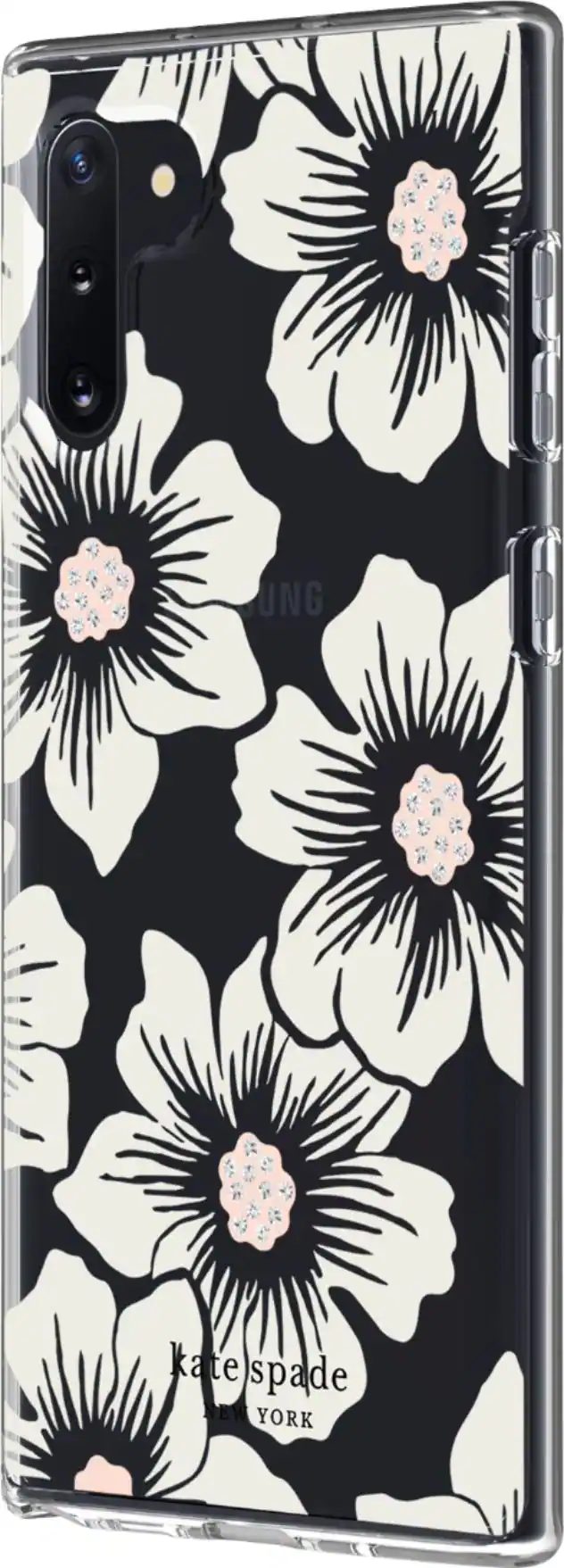 Front. kate spade new york - Hard Shell Case for Samsung Galaxy Note10 - Hollyhock Floral Clear/Cream With Stones.