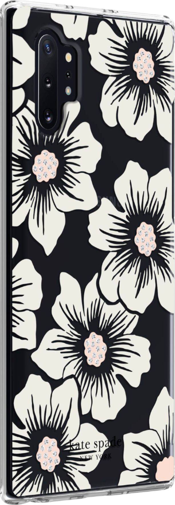 Angle. kate spade new york - Hard Shell Case for Samsung Galaxy Note10+ and Note10+ 5G - Hollyhock Floral Clear/Cream With Stones.