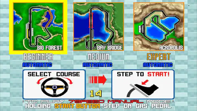 The image shows a video game with three different courses to choose from: Big Forest, Bay Bridge, and Acropolis. The game offers four different levels of difficulty: Beginner, Medium, Expert, and Automatic. The player is prompted to select their course and difficulty level before starting the game. The game also features a 14-course challenge, and the player must hold down the start button while stepping on the gas pedal. - E (Everyone)