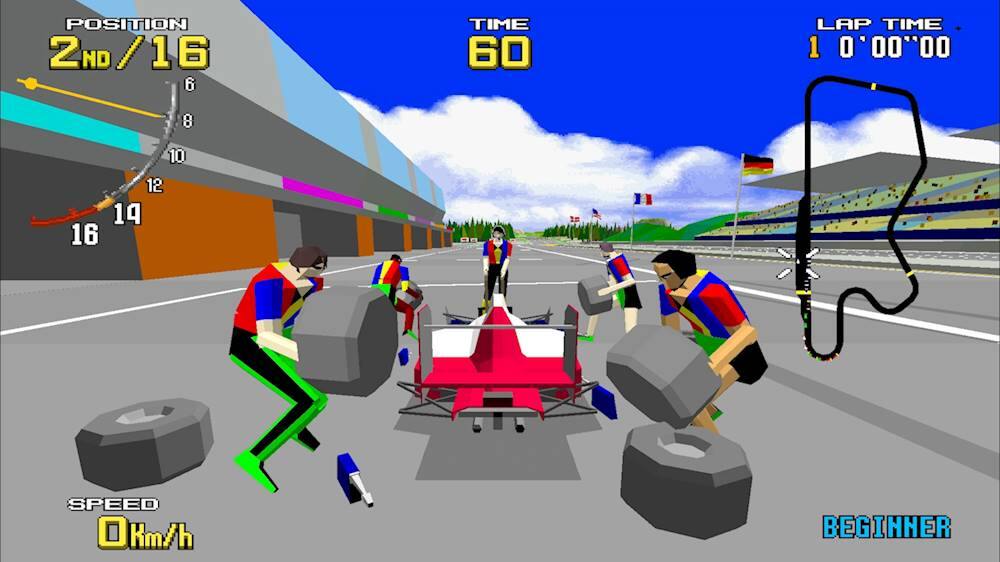 The image shows a video game with a race car on a track, surrounded by several men. The game is set in a race track with a time of 60 laps. The game is set to beginner mode, and the players are racing at a speed of 0 km/h. The position of the player is currently at 2nd/16.