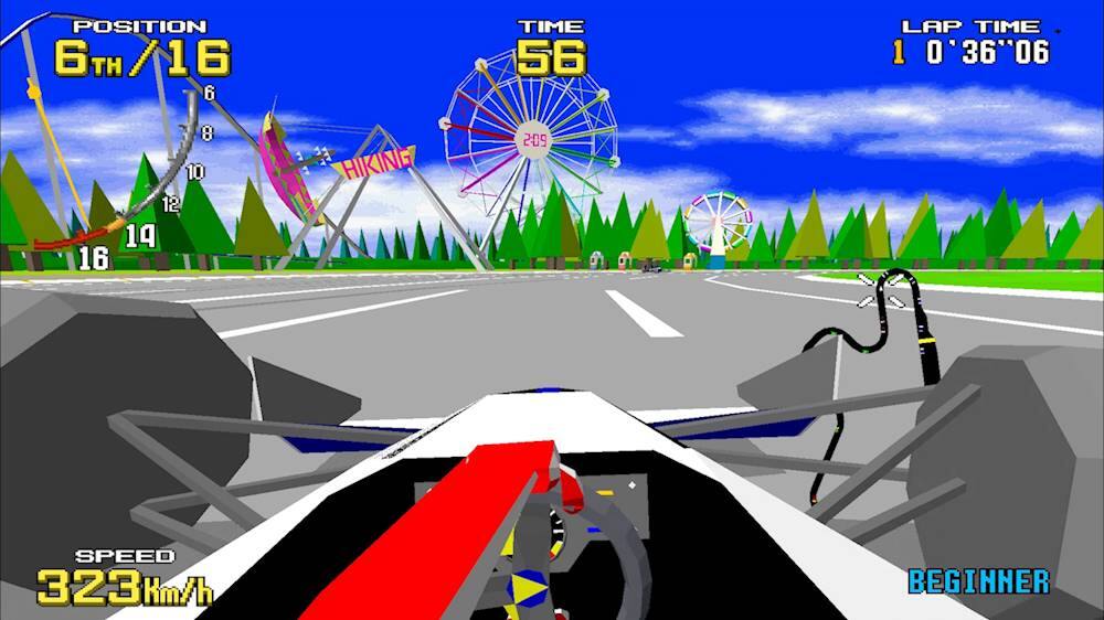 The image features a racing game with a car on a track. The car is positioned at the 6th lap, and the lap time is 1:90.98.0. The game is set in a virtual environment with a Ferris wheel in the background. The player is racing on a road with trees on the side. The game is designed for beginners, and the speed of the car is 323 km/h.