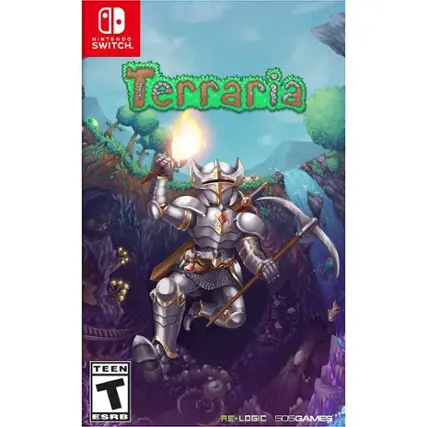 The image features a video game called Terraria, which is available on the Nintendo Switch. The game is rated as a Teen by the ESRB and is developed by Re-Logic. - [T (Teen 13+)]