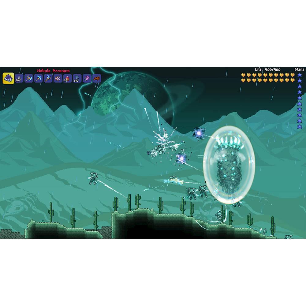The image features a video game with a spaceship flying through the sky, surrounded by mountains and a dark, stormy atmosphere. The spaceship is being attacked by several smaller spaceships, creating an intense and action-packed scene. The game appears to be set in a futuristic world, with the spaceships showcasing advanced technology. The player's objective is to navigate the large spaceship through the challenging environment and fend off the incoming attacks from the smaller spaceships.
