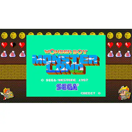 The image features a video game called "Wonder Boy Monster Land" by Sega. The game is displayed on a screen with a green background, and it appears to be an old-fashioned video game. The game is likely from the 1980s, as indicated by the Sega credit at the bottom of the screen. - E (Everyone)