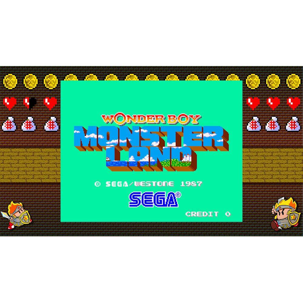 The image features a video game called "Wonder Boy Monster Land" by Sega. The game is displayed on a screen with a green background, and it appears to be an old-fashioned video game. The game is likely from the 1980s, as indicated by the Sega credit at the bottom of the screen.