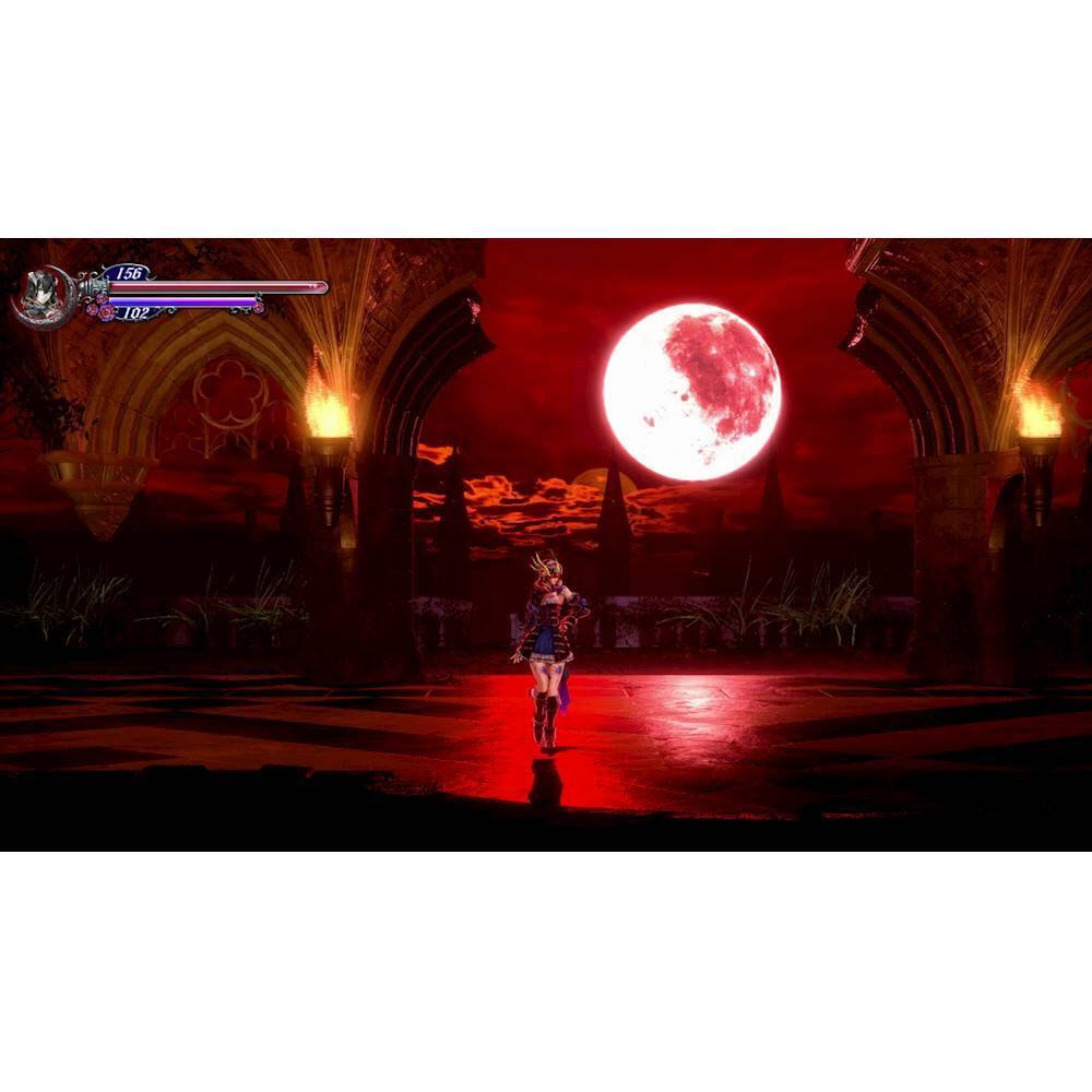 The image features a woman standing in a dark room with a red moon in the background. The room has a checkered floor, and there are several chairs scattered around. The woman appears to be the main focus of the scene, and the red moon adds a dramatic element to the image.