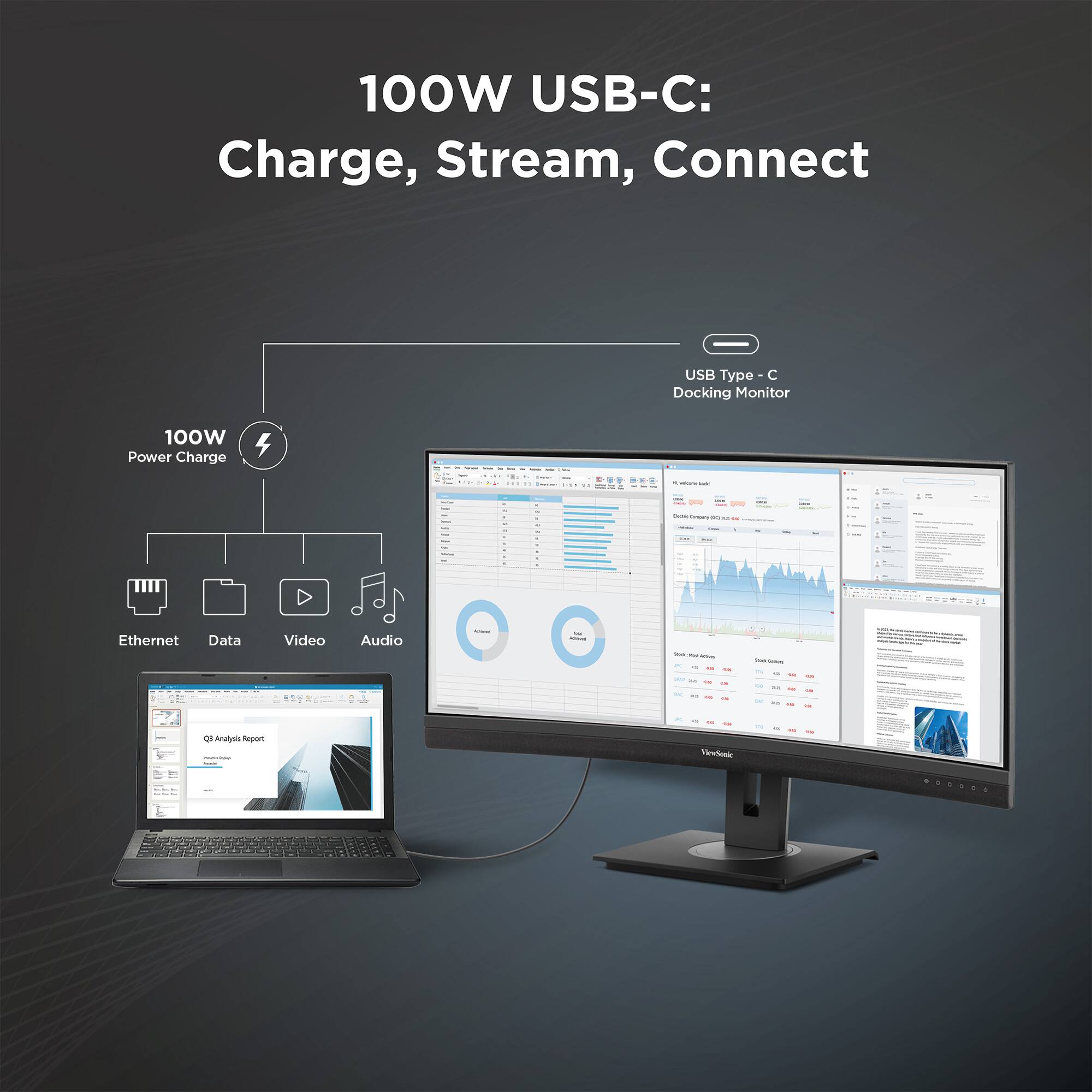 100W USB-C: Charge, Stream, Connect  
USB Type-C Docking Monitor  
100W Power Charge  
Ethernet, Data, Video, Audio