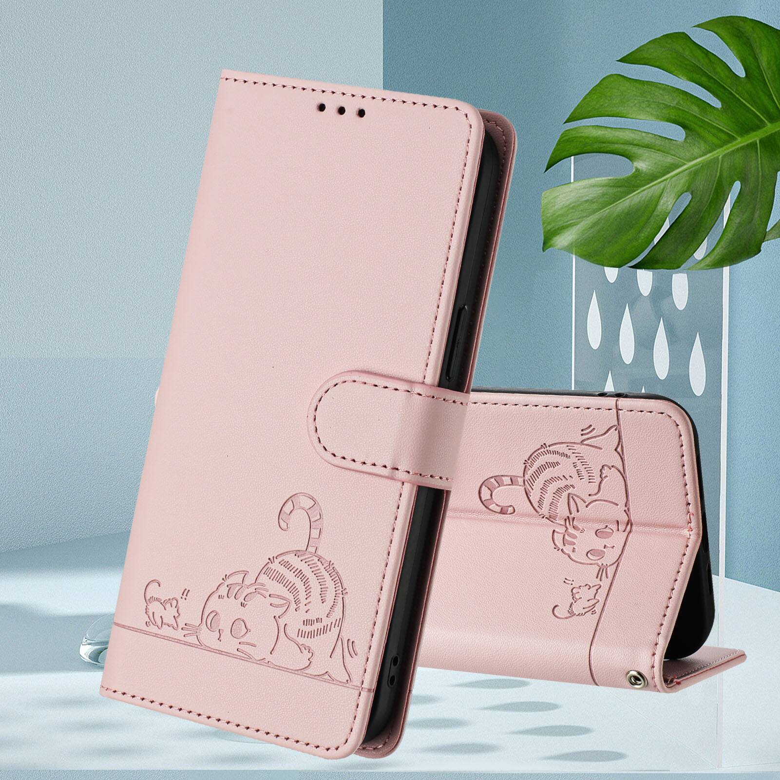 Alt View 7. Dteck - Cat Pattern Crossbody Wallet Case for Samsung Galaxy A37 5G with Card Slots, RFID PU Leather Protective Stand Cover - Pink.
